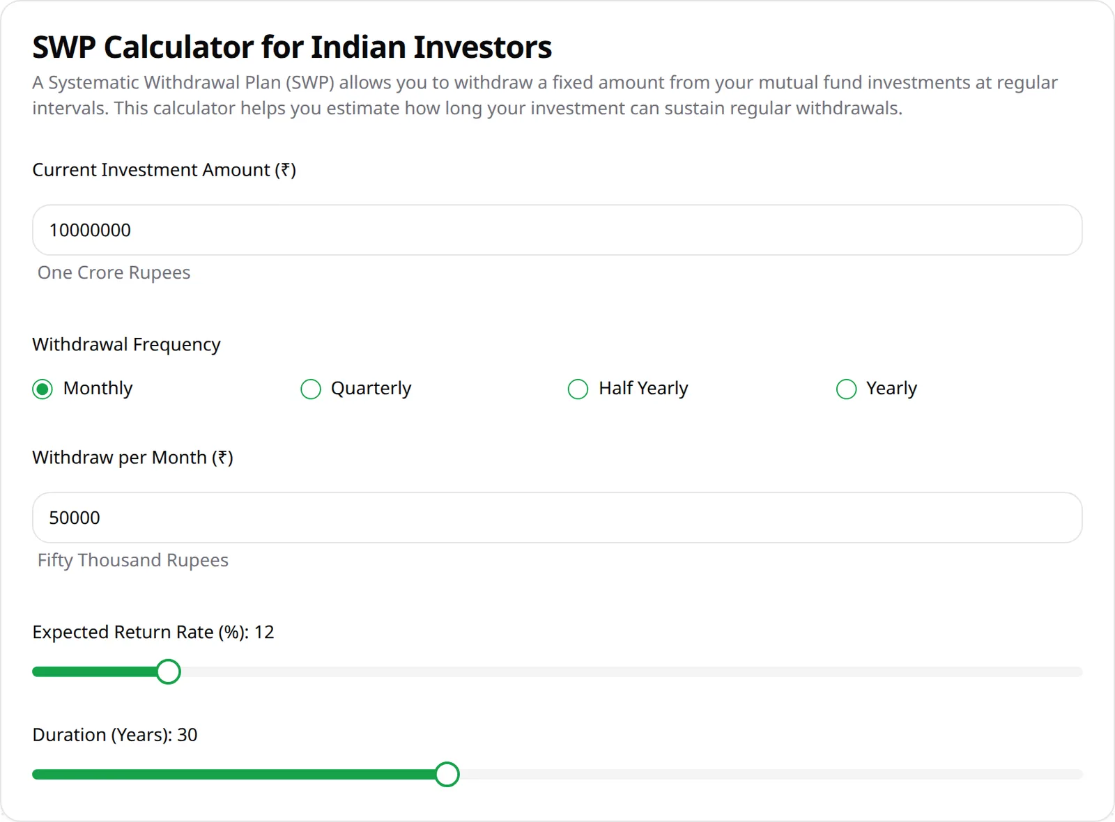 SWP calculator form with corpus, monthly withdrawal, return, duration, inflation and tax inputs
