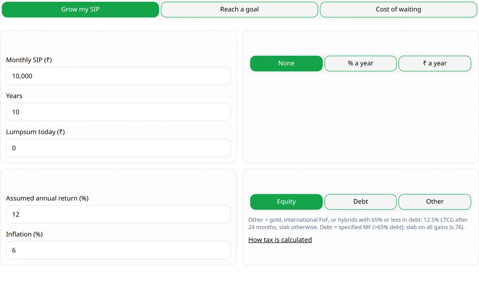 SIP v2 calculator with monthly amount, years, expected return and tax inputs