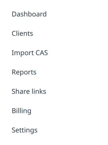 Adviser sidebar with Import CAS among Dashboard, Clients, Reports and Share links