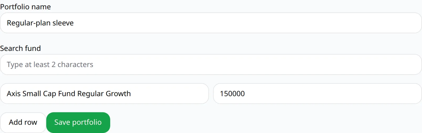 Portfolio editor with rupee amounts next to each fund, including a Regular-plan scheme