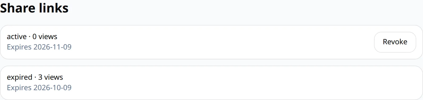 Share links page listing active and revoked private links with view counts and expiry dates
