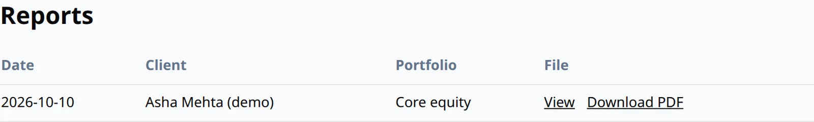 Reports list in the adviser workspace with demo client labels, portfolio names and download links