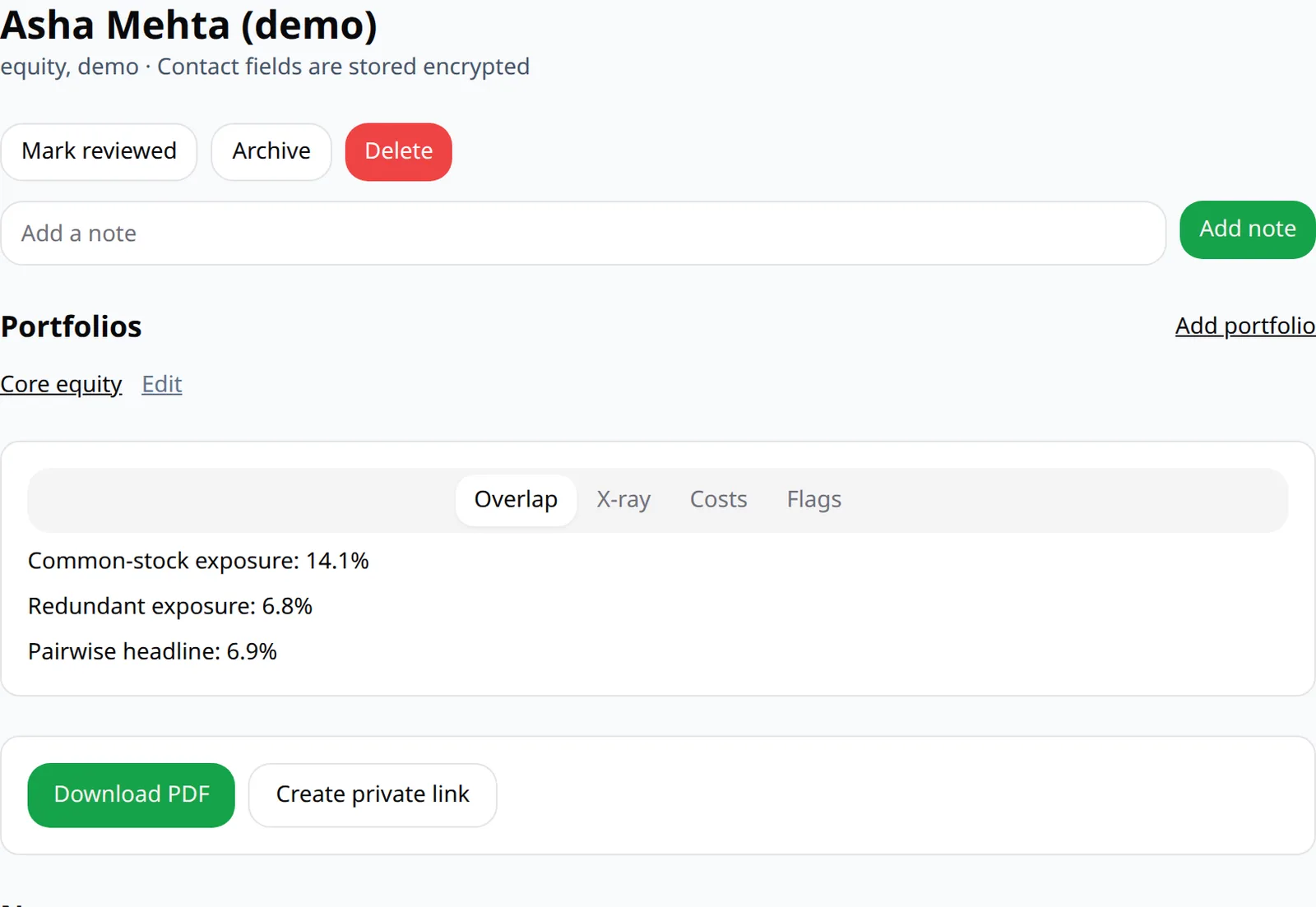 Demo client page with a named portfolio, analysis tabs and report actions